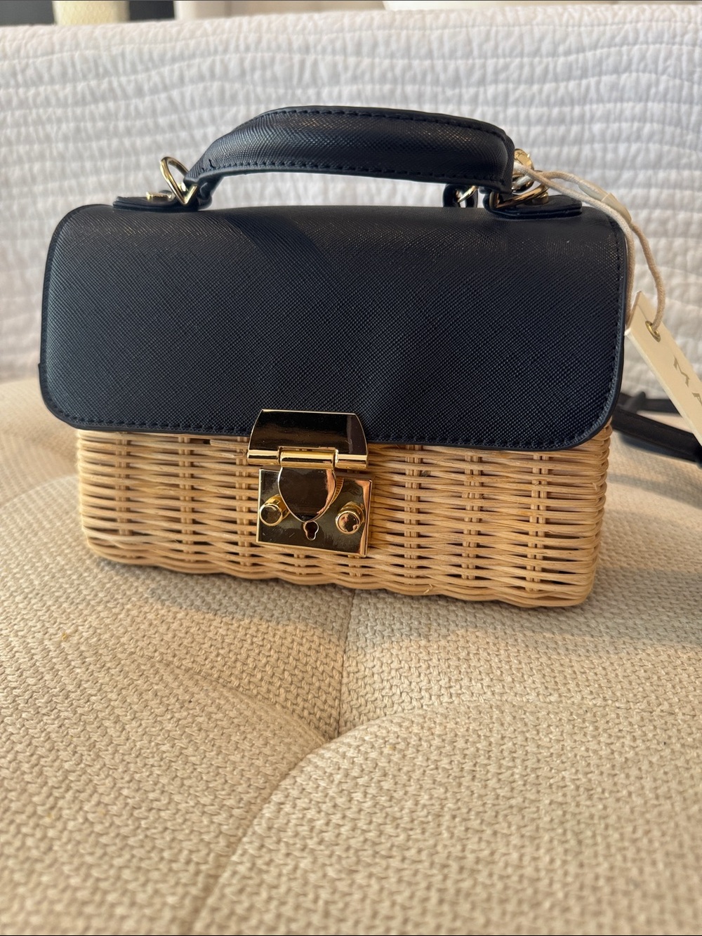 Madison West Black & Natural Wicker Mini Top-Handle Crossbody